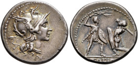 T. Didius, 113-112 BC. Denarius (Silver, 19 mm, 4.00 g, 6 h), Rome. Head of Roma to right, wearing crested and winged helmet; behind, monogram of ROMA...