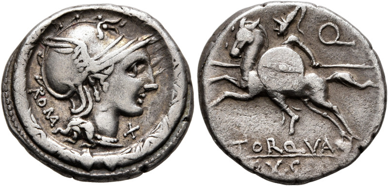 L. Torquatus, 113-112 BC. Denarius (Silver, 18 mm, 3.77 g, 6 h), Rome. Head of R...