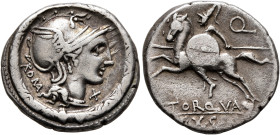 L. Torquatus, 113-112 BC. Denarius (Silver, 18 mm, 3.77 g, 6 h), Rome. Head of Roma to right, wearing crested and winged helmet; behind, ROMA; to righ...