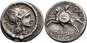 L. Torquatus, 113-112 BC. Denarius (Silver, 19 mm, 3.76 g, 9 h), Rome. Head of Roma to right, wearing crested and winged helmet; behind, ROMA; to righ...