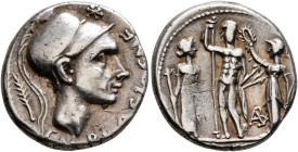 Cn. Blasio Cn.f, 112-111 BC. Denarius (Silver, 18 mm, 4.00 g, 6 h), Rome. CN BLASIO CN F Helmeted head of Mars to right; behind head, palm frond; abov...