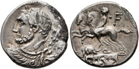 Ti. Quinctius, 112-111 BC. Denarius (Silver, 17 mm, 3.78 g, 7 h), Rome. Bust of Hercules to left, seen from behind and draped with lion skin, holding ...