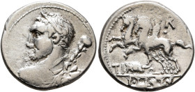 Ti. Quinctius, 112-111 BC. Denarius (Silver, 19 mm, 3.91 g, 6 h), Rome. Bust of Hercules to left, seen from behind and draped with lion skin, holding ...