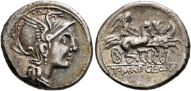 T. Manlius Mancinus, Appius Claudius Pulcher and Q. Urbinus, 111-110 BC. Denarius (Silver, 18 mm, 3.76 g, 12 h), Rome. Head of Roma to right, wearing ...