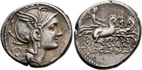 Appius Claudius Pulcher, T. Manlius Mancius and Q. Urbinius, 111-110 BC. Denarius (Silver, 17 mm, 3.94 g, 9 h), Rome. Head of Roma to right, wearing w...