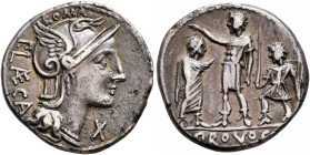 P. Laeca, 110-109 BC. Denarius (Silver, 18 mm, 3.48 g, 9 h), Rome. P•L AE CA Head of Roma to right, wearing crested and winged helmet; above, ROMA; be...