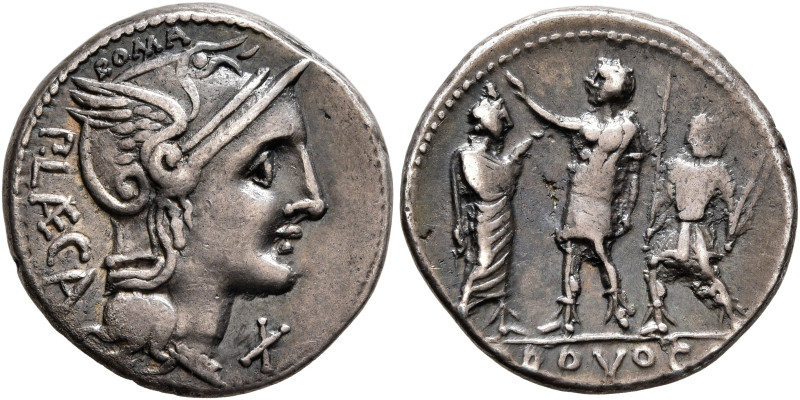 P. Laeca, 110-109 BC. Denarius (Silver, 18 mm, 3.93 g, 3 h), Rome. P•L AE CA Hea...