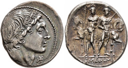 L. Memmius, 109-108 BC. Denarius (Silver, 20 mm, 4.00 g, 7 h), Rome. Male head to right, wearing oak wreath; below chin, star (mark of value). Rev. L•...