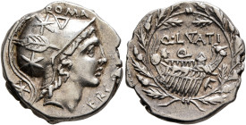Q. Lutatius Cerco, 109-108 BC. Denarius (Silver, 18 mm, 3.73 g, 2 h), Rome. ROMA / CERCO Head of Roma to right, wearing crested helmet decorated with ...