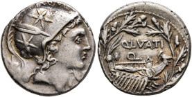 Q. Lutatius Cerco, 109-108 BC. Denarius (Silver, 18 mm, 3.94 g, 4 h), Rome. ROMA / CERCO Head of Roma to right, wearing crested helmet decorated with ...
