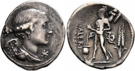 L. Valerius Flaccus, 108-107 BC. Denarius (Silver, 21 mm, 3.87 g, 1 h), Rome. Draped and winged bust of Victory to right; below chin, star (mark of va...