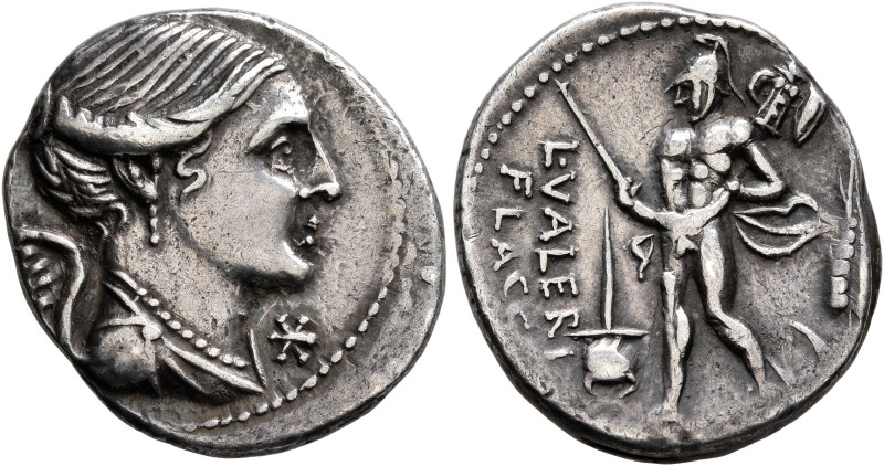 L. Valerius Flaccus, 108-107 BC. Denarius (Silver, 19 mm, 3.94 g, 1 h), Rome. Dr...