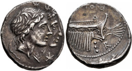 Mn. Fonteius, 108-107 BC. Denarius (Silver, 19 mm, 3.75 g, 9 h), Rome. Jugate, laureate heads of Dioscuri to right; below their chins, star (mark of v...