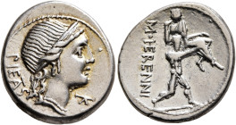 M. Herennius, 108-107 BC. Denarius (Silver, 19 mm, 3.94 g, 12 h), Rome. PIE TA S Diademed head of Pietas to right; below chin, K. Rev. M• HE RENNI One...