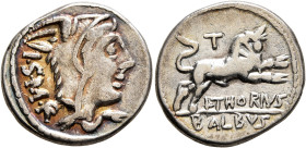 L. Thorius Balbus, 105 BC. Denarius (Silver, 18 mm, 3.80 g, 8 h), Rome. I•S•M•R Head of Juno Sospita to right, wearing goat-skin headdress. Rev. L•THO...