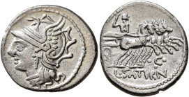 Lucius Appuleius Saturninus, 104 BC. Denarius (Silver, 20 mm, 3.72 g, 9 h), Rome. Head of Roma to left, wearing winged helmet, pendant earring and pea...