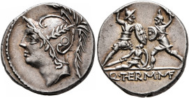 Q. Thermus M.f, 103 BC. Denarius (Silver, 18 mm, 4.00 g, 10 h), Rome. Head of Mars to left, wearing crested helmet decorated with two volutes and a pl...