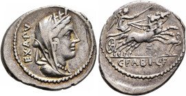 C. Fabius C.f. Hadrianus, 102 BC. Denarius (Silver, 22 mm, 3.87 g, 9 h), Rome. EX•A•PV Veiled and turreted bust of Cybele to right. Rev. C•FABI•C•F Vi...