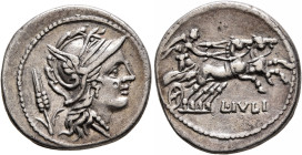 L. Julius, 101 BC. Denarius (Silver, 19 mm, 3.87 g, 10 h), Rome. Head of Roma to right, wearing winged helmet, pendant earring and pearl necklace; beh...