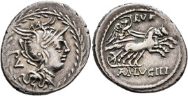 M. Lucilius Rufus, 101 BC. Denarius (Silver, 22 mm, 3.82 g, 12 h), Rome. PV Head of Roma to right, wearing winged helmet and pearl necklace; all withi...