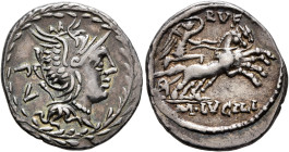 M. Lucilius Rufus, 101 BC. Denarius (Silver, 20 mm, 4.00 g, 1 h), Rome. PV Head of Roma to right, wearing winged helmet and pearl necklace; all within...