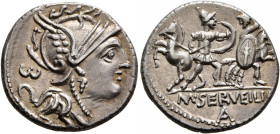 M. Servilius C.f, 100 BC. Denarius (Silver, 18 mm, 3.85 g, 5 h), Rome. Head of Roma to right, wearing crested and winged helmet; behind, ω. Rev. M•SER...