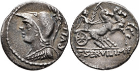 P. Servilius M.f. Rullus, 100 BC. Denarius (Silver, 19 mm, 3.67 g, 9 h), Rome. RVLLI Helmeted bust of Minerva to left, wearing aegis. Rev. P•SERVILI•M...
