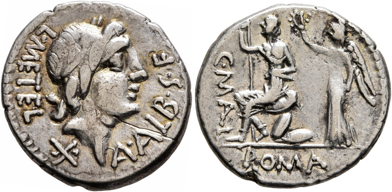 C. Malleolus, A. Albinus Sp.f., and L. Caecilius Metellus, 96 BC. Denarius (Silv...