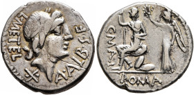C. Malleolus, A. Albinus Sp.f., and L. Caecilius Metellus, 96 BC. Denarius (Silver, 19 mm, 3.72 g, 11 h), Rome. L•METEL - A•ALB•S•F Laureate head of A...