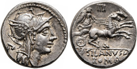D. Silanus L.f, 91 BC. Denarius (Silver, 12 mm, 4.00 g, 3 h), Rome. Head of Roma to right, wearing winged helmet; behind, P. Rev. Victory in biga to r...