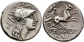 D. Silanus L.f, 91 BC. Denarius (Silver, 17 mm, 3.89 g, 11 h), Rome. Head of Roma to right, wearing winged helmet; behind, T. Rev. Victory in biga to ...