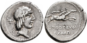 L. Calpurnius Piso Frugi, 90 BC. Denarius (Silver, 18 mm, 3.92 g, 9 h), Rome. Laureate head of Apollo to right; behind, letter or symbol. Rev. L•PISO ...