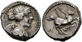 Q. Titius, 90 BC. Quinarius (Silver, 13 mm, 2.28 g, 12 h), Rome. Draped and winged bust of Victory to right. Rev. Q•TITI Pegasus prancing to right. Ba...