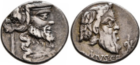 C. Vibius C.f. Pansa, 90 BC. Denarius (Silver, 17 mm, 3.53 g, 6 h), Rome. Mask of bearded Silenus to right. Rev. C•VIBIVS•C•F Mask of beared Pan to ri...