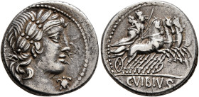 C. Vibius C.f. Pansa, 90 BC. Denarius (Silver, 17 mm, 4.14 g, 7 h), Rome. PANSA Laureate head of Apollo to right; below chin, turtle. Rev. C•VIBIVS•[C...