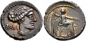 M. Cato, 89 BC. Denarius (Silver, 17 mm, 3.89 g, 5 h), Rome. Draped bust of Roma to right; behind, RO MA ; below, M. Rev. VIC TR IX Victory seated rig...