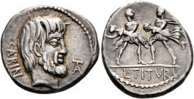 L. Titurius L.f. Sabinus, 89 BC. Denarius (Silver, 18 mm, 4.00 g, 10 h), Rome. SABIN Bare-headed and bearded head of King Titus Tatius to right; in fi...