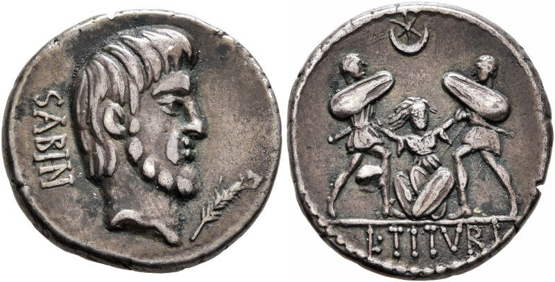 L. Titurius L.f. Sabinus, 89 BC. Denarius (Silver, 18 mm, 3.93 g, 9 h), Rome. SA...