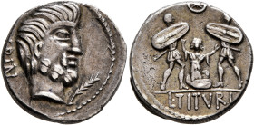 L. Titurius L.f. Sabinus, 89 BC. Denarius (Silver, 17 mm, 4.12 g, 11 h), Rome. Bare-headed and bearded head of King Titus Tatius to right; in lower fi...