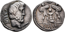 L. Titurius L.f. Sabinus, 89 BC. Denarius (Silver, 18 mm, 4.00 g, 1 h), Rome. Bare-headed and bearded head of King Titus Tatius to right; in lower fie...