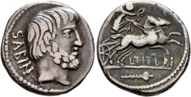 L. Titurius L.f. Sabinus, 89 BC. Denarius (Silver, 18 mm, 4.08 g, 7 h), Rome. SABIN Bare-headed and bearded head of King Titus Tatius to right. Rev. L...