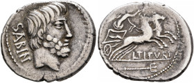 L. Titurius L.f. Sabinus, 89 BC. Denarius (Silver, 20 mm, 3.67 g, 6 h), Rome. SABIN Bare-headed and bearded head of King Titus Tatius to right. Rev. L...