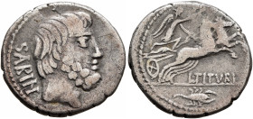 L. Titurius L.f. Sabinus, 89 BC. Denarius (Silver, 18 mm, 360.00 g, 11 h), Rome. SABIN Bare-headed and bearded head of King Titus Tatius to right. Rev...