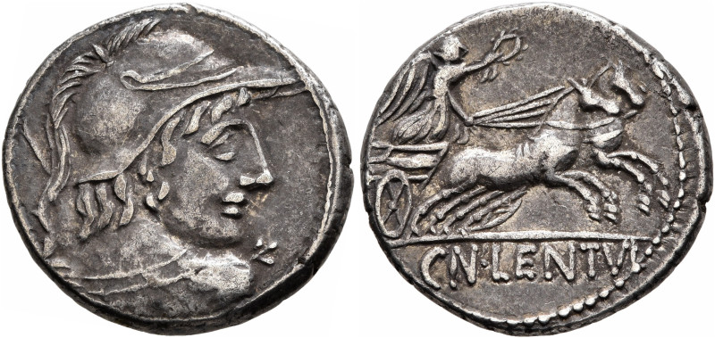 Cn. Lentulus Clodianus, 88 BC. Denarius (Silver, 19 mm, 3.86 g, 6 h), Rome. Helm...