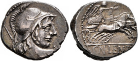 Cn. Lentulus Clodianus, 88 BC. Denarius (Silver, 17 mm, 3.68 g, 12 h), Rome. Helmeted bust of Mars to right, seen from behind, wearing balteus, holdin...