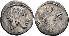 C. Censorinus, 88 BC. Denarius (Silver, 18 mm, 3.63 g, 12 h), Rome. Head of Apollo to right, wearing taenia. Rev. C•CENSORI Bridled horse galloping to...