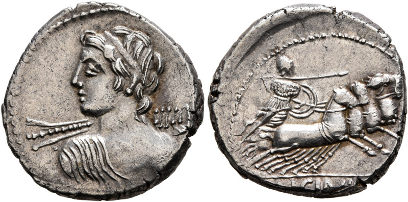 C. Licinius L.f. Macer, 84 BC. Denarius (Silver, 18 mm, 4.00 g, 7 h), Rome. Bust...