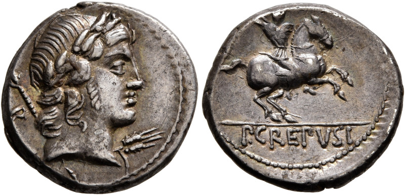 Pub. Crepusius, 82 BC. Denarius (Silver, 17 mm, 3.83 g, 6 h), Rome. Laureate hea...