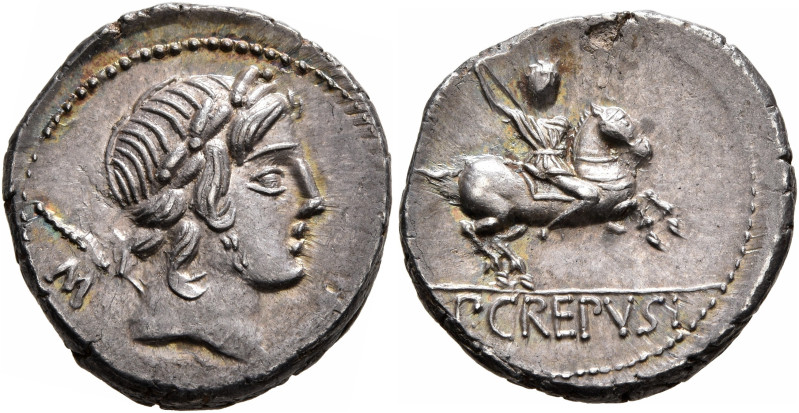 Pub. Crepusius, 82 BC. Denarius (Silver, 18 mm, 3.70 g, 4 h), Rome. Laureate hea...