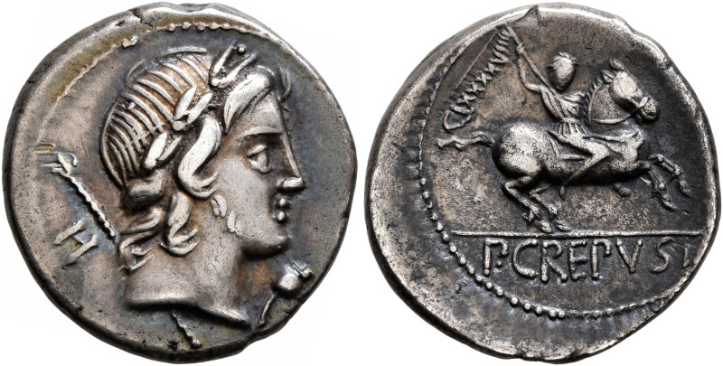 Pub. Crepusius, 82 BC. Denarius (Silver, 17 mm, 3.73 g, 6 h), Rome. Laureate hea...